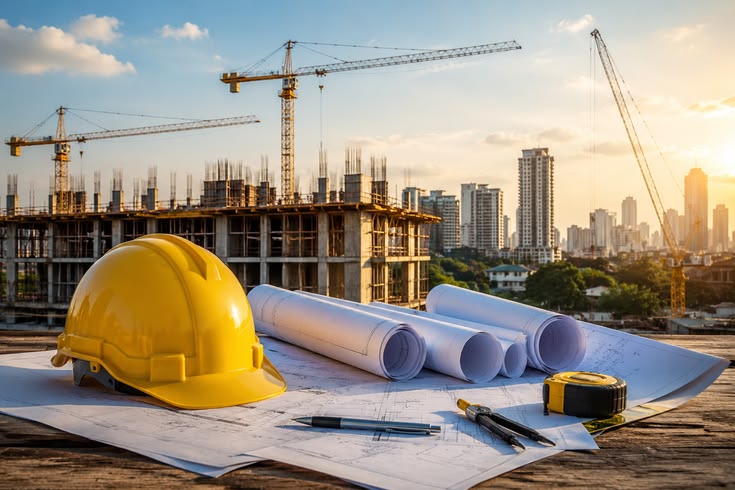 Construction site at sunset with building cranes and a concrete frame under construction.